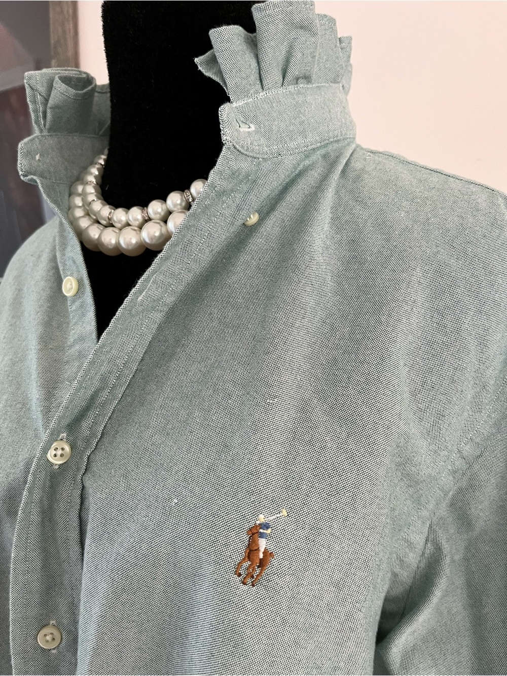 Refashioned Ralph Lauren Green Button-Down Shirt with Ruffle Collar